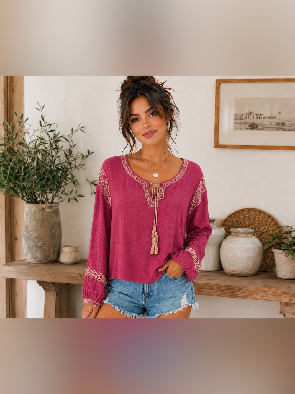 Mudd Boho Embroidered Peasant Blouse M Pink Rayon Tassel Tie Top A21